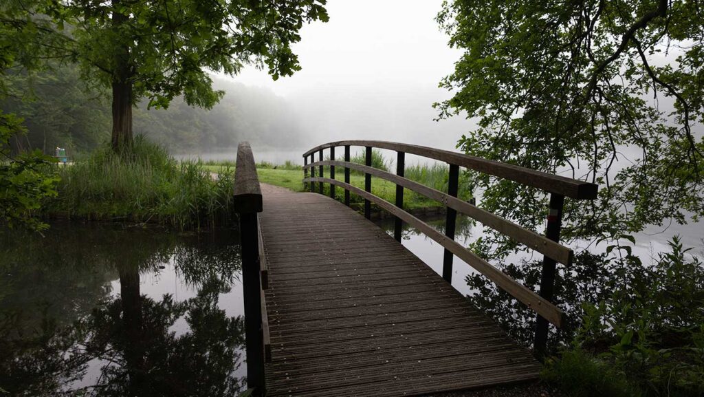 pov walking over wood slat bridge